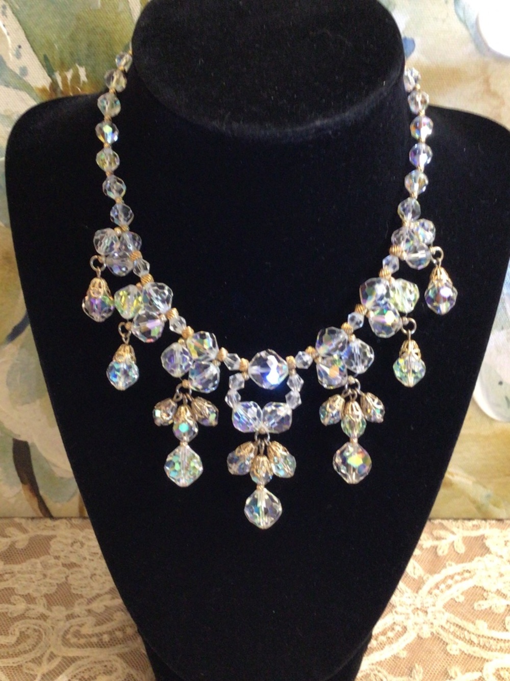 Juliana-Style Aurora Borealis Crystal Waterfall Choker Gold Filigree Accents